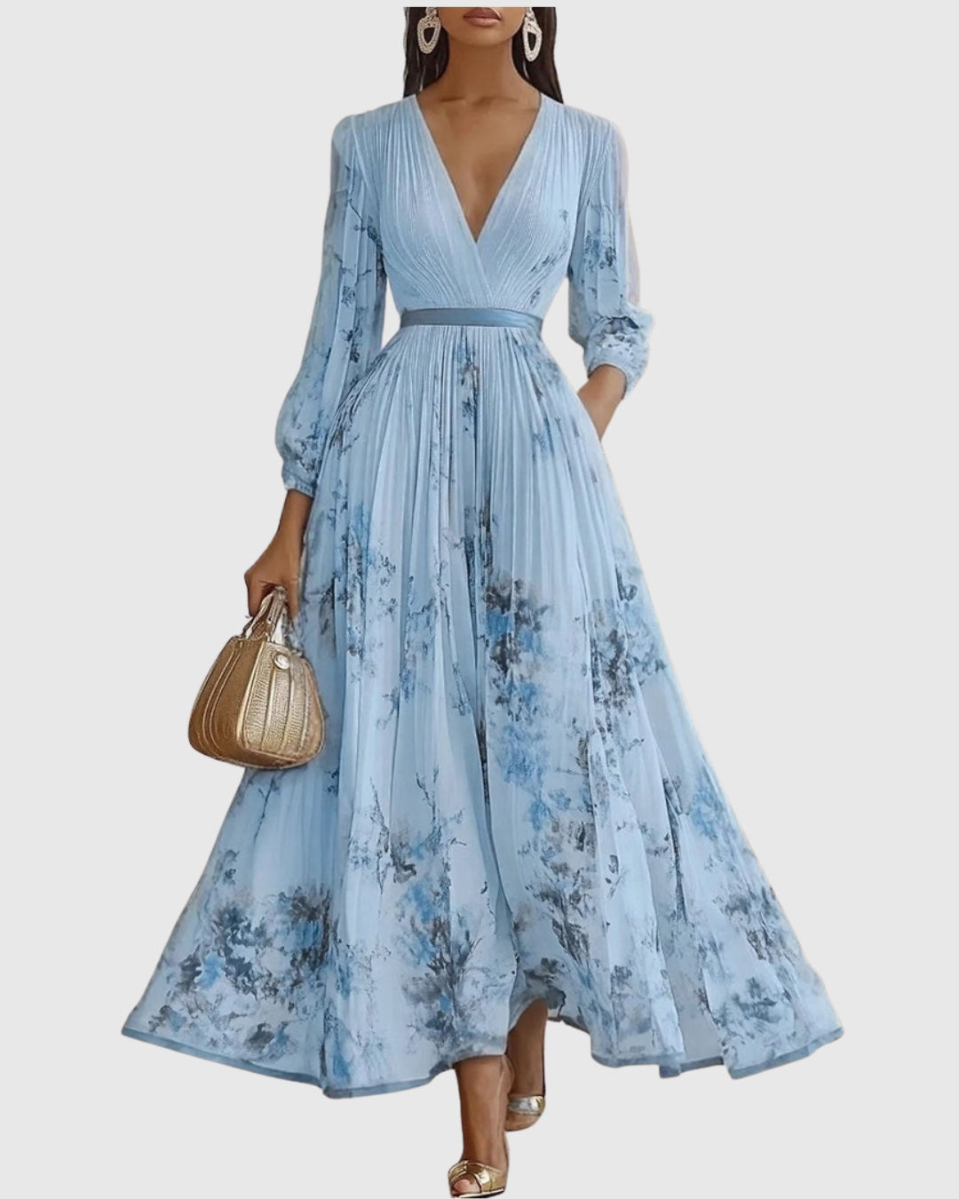 Elegant Floral Long Sleeve Maxi Dress with Waist Tie for Special Occasions 5