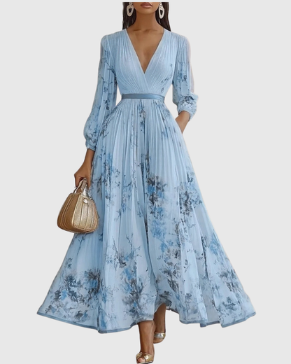 Elegant Floral Long Sleeve Maxi Dress with Waist Tie for Special Occasions 5
