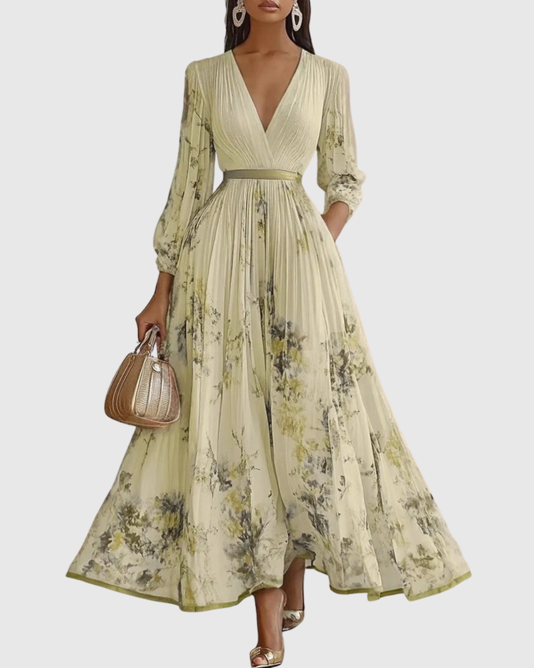 Elegant Floral Long Sleeve Maxi Dress with Waist Tie for Special Occasions 7