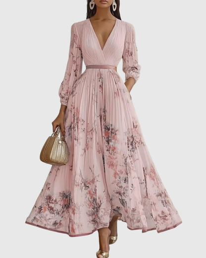 Elegant Floral Long Sleeve Maxi Dress with Waist Tie for Special Occasions 9