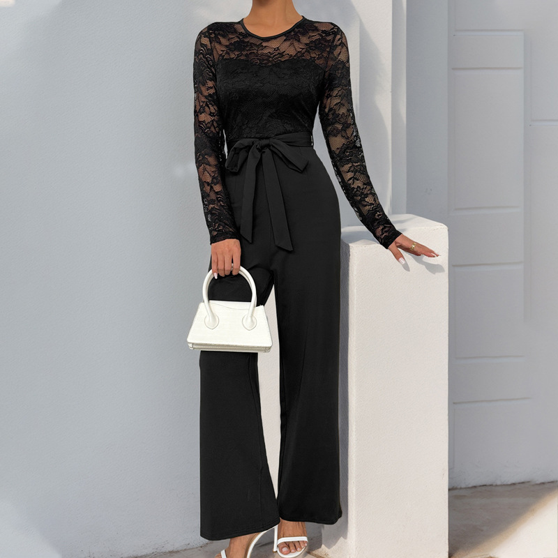 Elegant Lace Jumpsuit with Bell Sleeves and Ruched Waist for Special Occasions 0