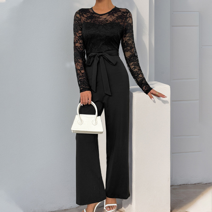 Elegant Lace Jumpsuit with Bell Sleeves and Ruched Waist for Special Occasions 0