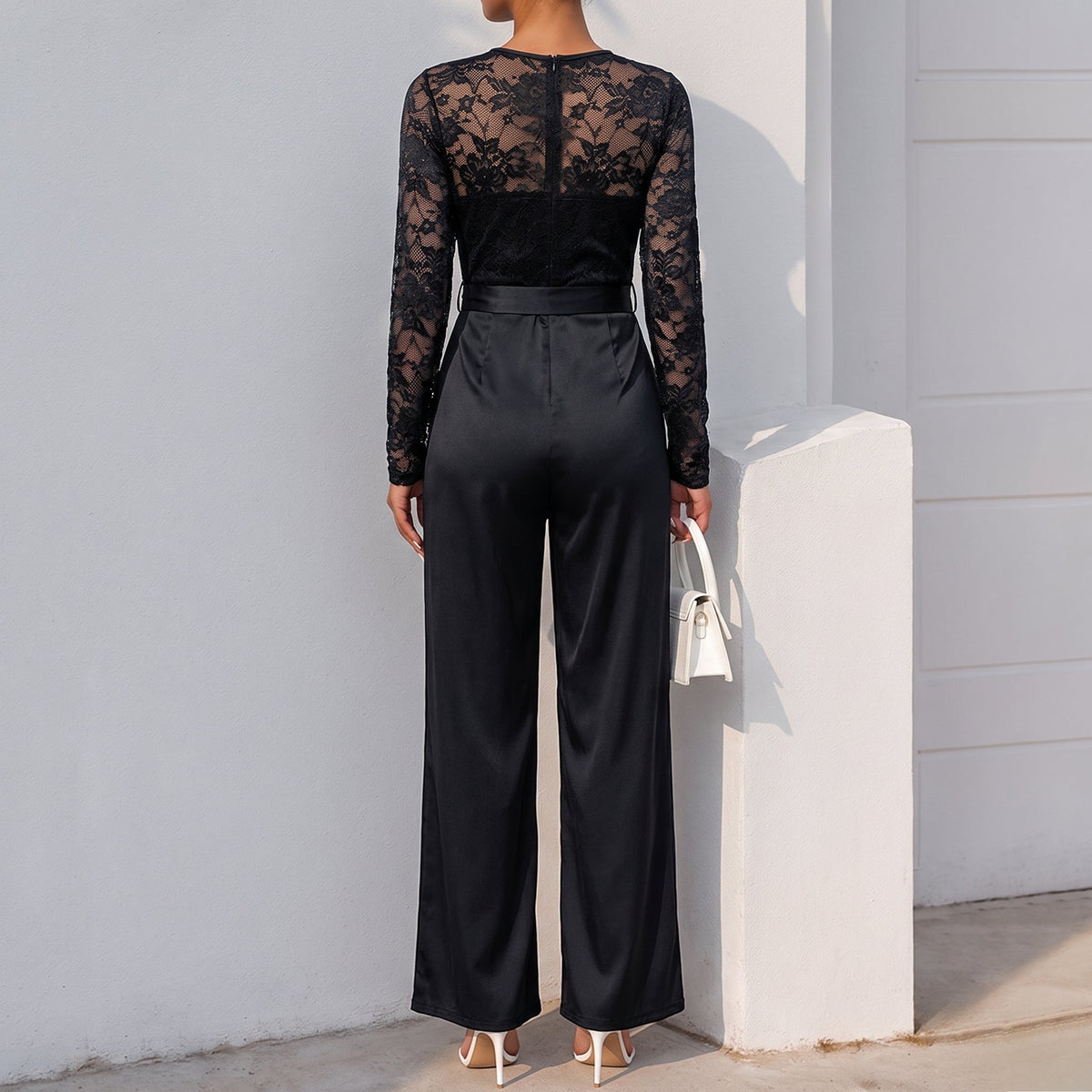 Elegant Lace Jumpsuit with Bell Sleeves and Ruched Waist for Special Occasions 1