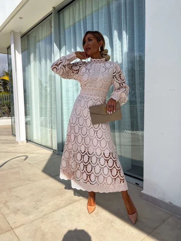 Elegant Lace Midi Dress - Long Sleeve High Neck Wedding Guest Dress 0
