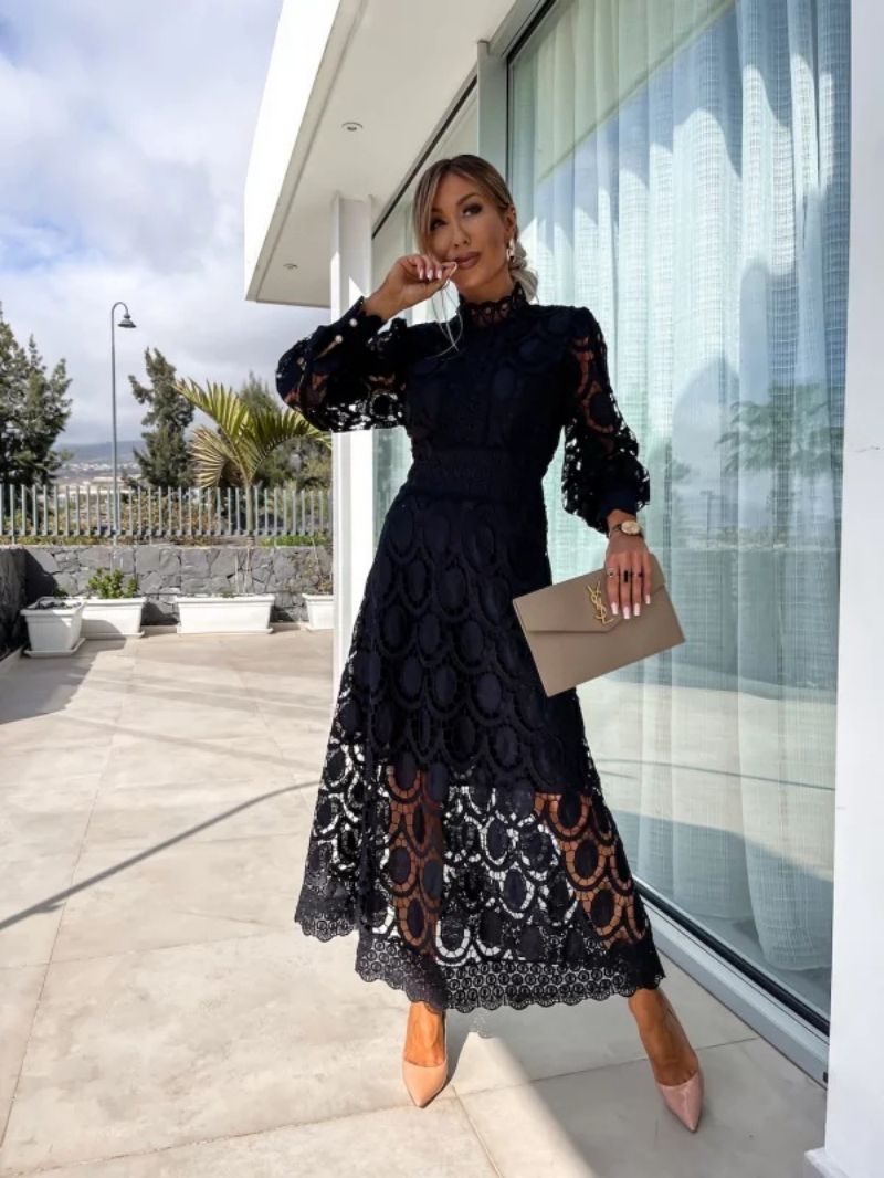 Elegant Lace Midi Dress - Long Sleeve High Neck Wedding Guest Dress 1