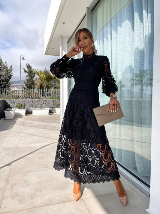 Elegant Lace Midi Dress - Long Sleeve High Neck Wedding Guest Dress 1