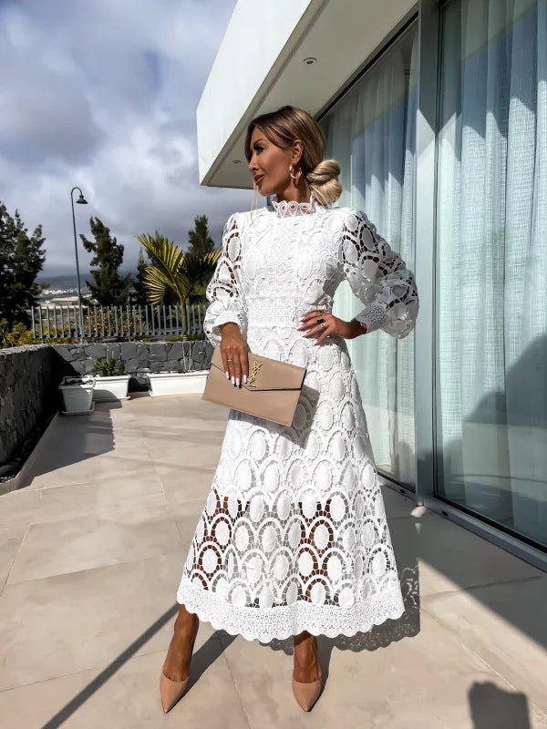 Elegant Lace Midi Dress - Long Sleeve High Neck Wedding Guest Dress 2