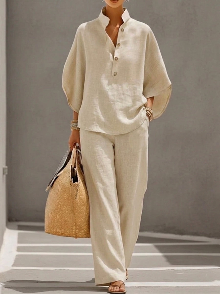 Elegant Linen Cotton Two-Piece Set with Batwing Sleeves & Wide-Leg Pants 0