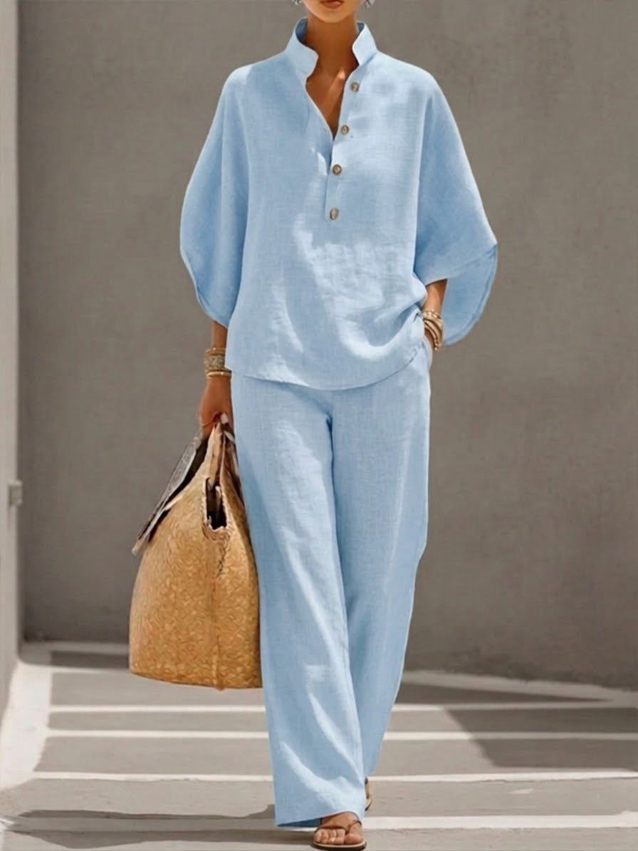 Elegant Linen Cotton Two-Piece Set with Batwing Sleeves & Wide-Leg Pants 1