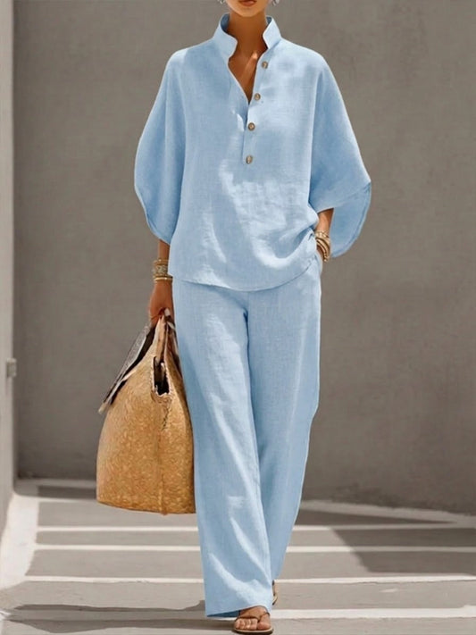 Elegant Linen Cotton Two-Piece Set with Batwing Sleeves & Wide-Leg Pants 1