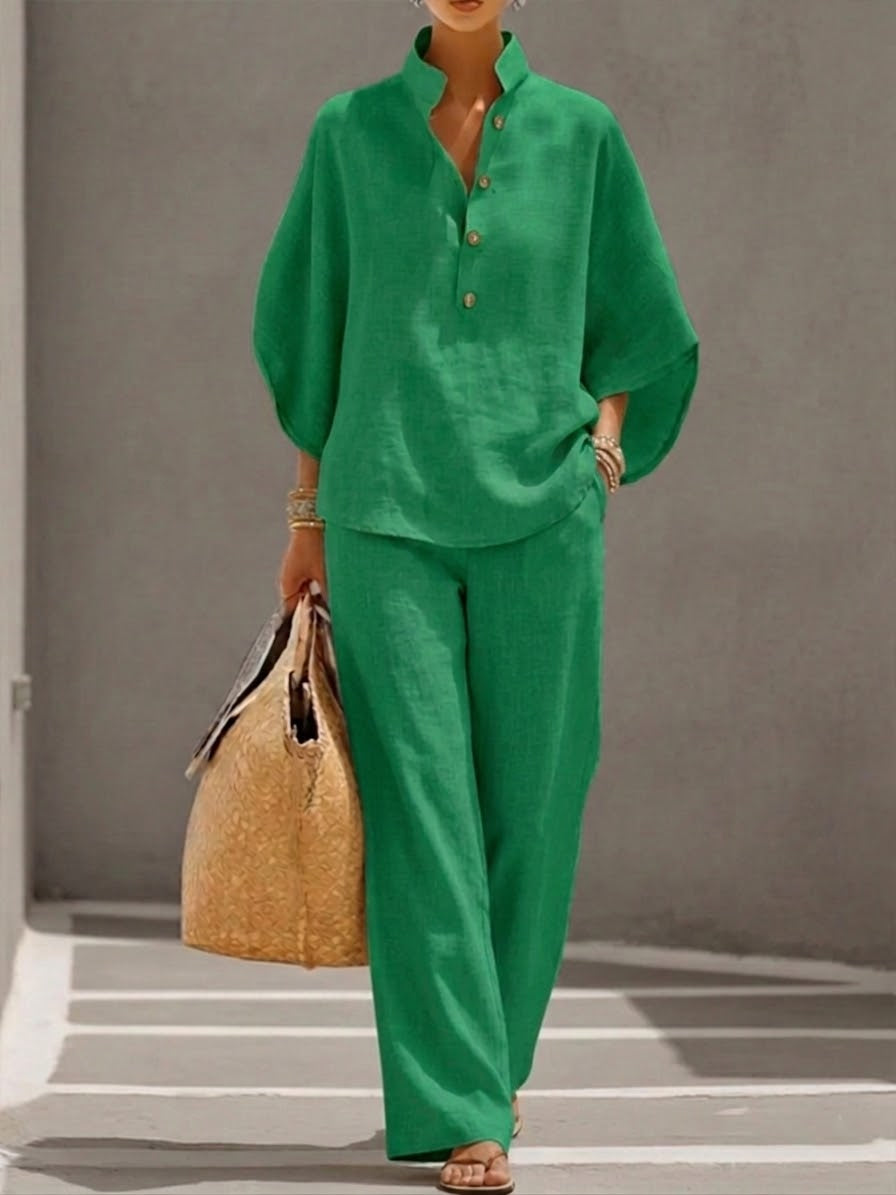 Elegant Linen Cotton Two-Piece Set with Batwing Sleeves & Wide-Leg Pants 2