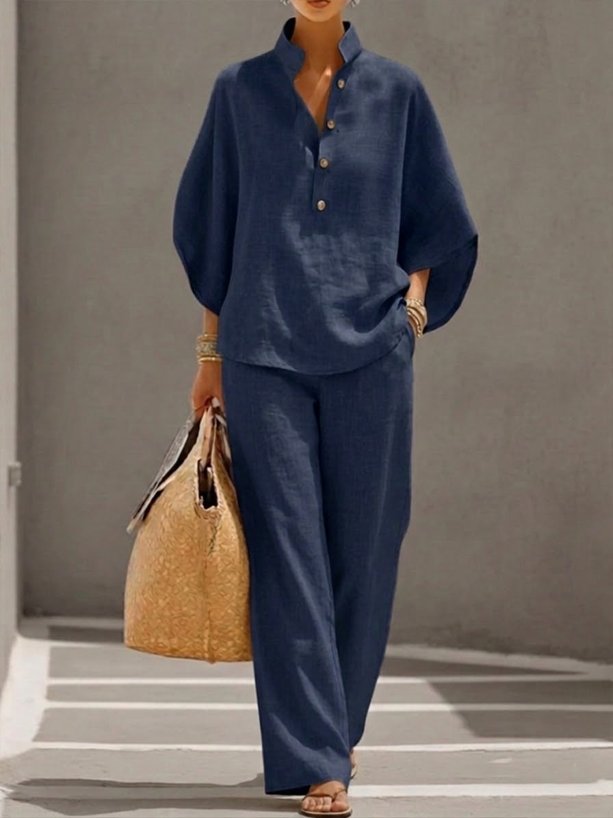 Elegant Linen Cotton Two-Piece Set with Batwing Sleeves & Wide-Leg Pants 3