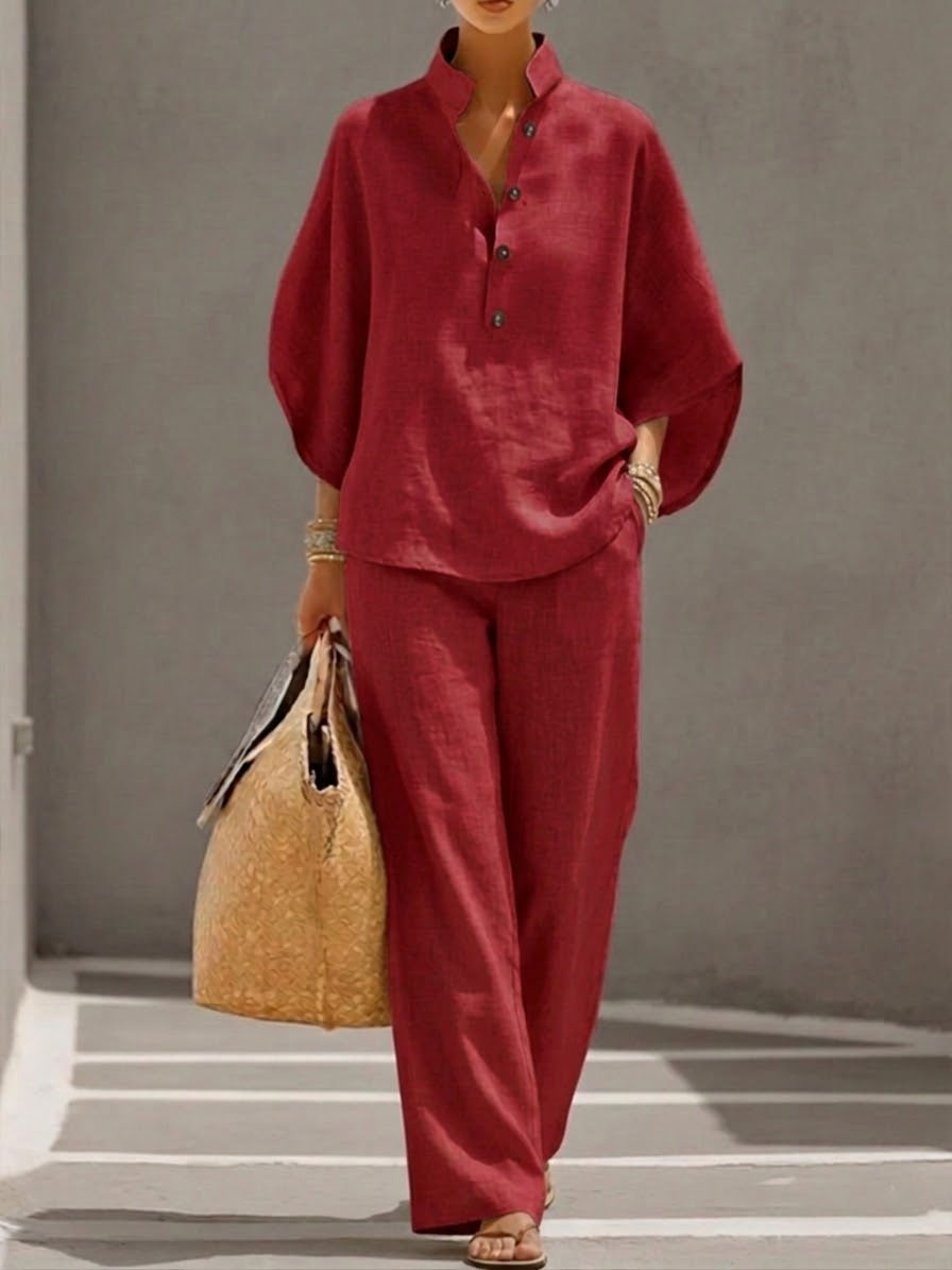Elegant Linen Cotton Two-Piece Set with Batwing Sleeves & Wide-Leg Pants 5