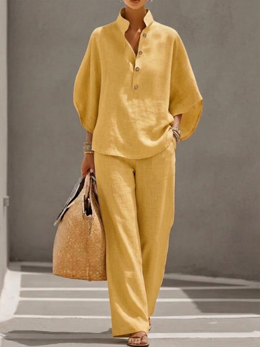Elegant Linen Cotton Two-Piece Set with Batwing Sleeves & Wide-Leg Pants 6