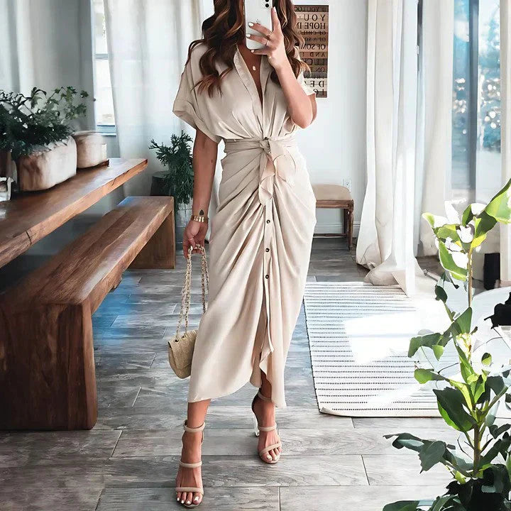 Elegant Midi Dress - Collared V-Neck, Ruched Front, Perfect For Wedding Guest, Cocktail, Formal Events 0