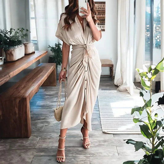 Elegant Midi Dress - Collared V-Neck, Ruched Front, Perfect For Wedding Guest, Cocktail, Formal Events 0