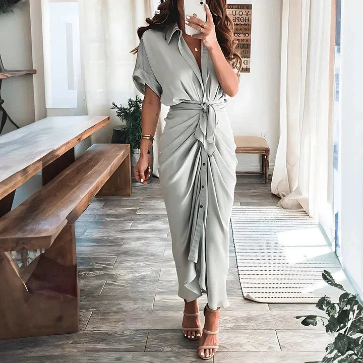 Elegant Midi Dress - Collared V-Neck, Ruched Front, Perfect For Wedding Guest, Cocktail, Formal Events 1
