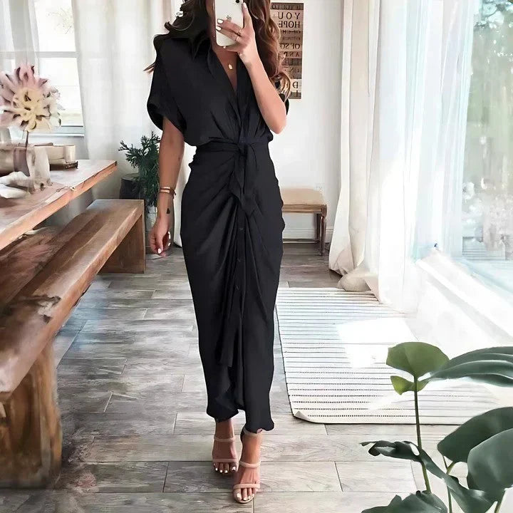 Elegant Midi Dress - Collared V-Neck, Ruched Front, Perfect For Wedding Guest, Cocktail, Formal Events 2