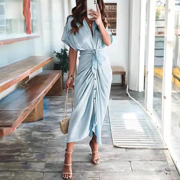 Elegant Midi Dress - Collared V-Neck, Ruched Front, Perfect For Wedding Guest, Cocktail, Formal Events 3
