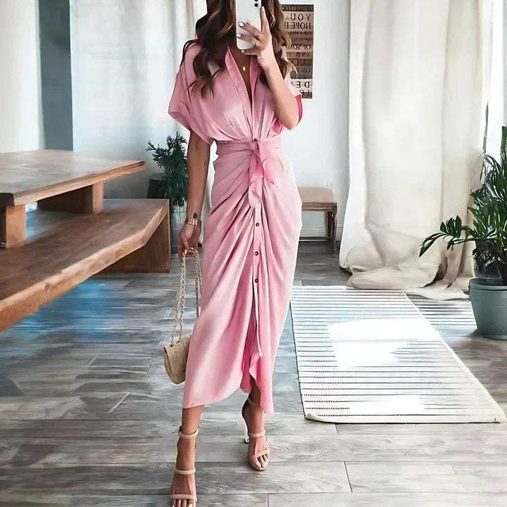 Elegant Midi Dress - Collared V-Neck, Ruched Front, Perfect For Wedding Guest, Cocktail, Formal Events 4