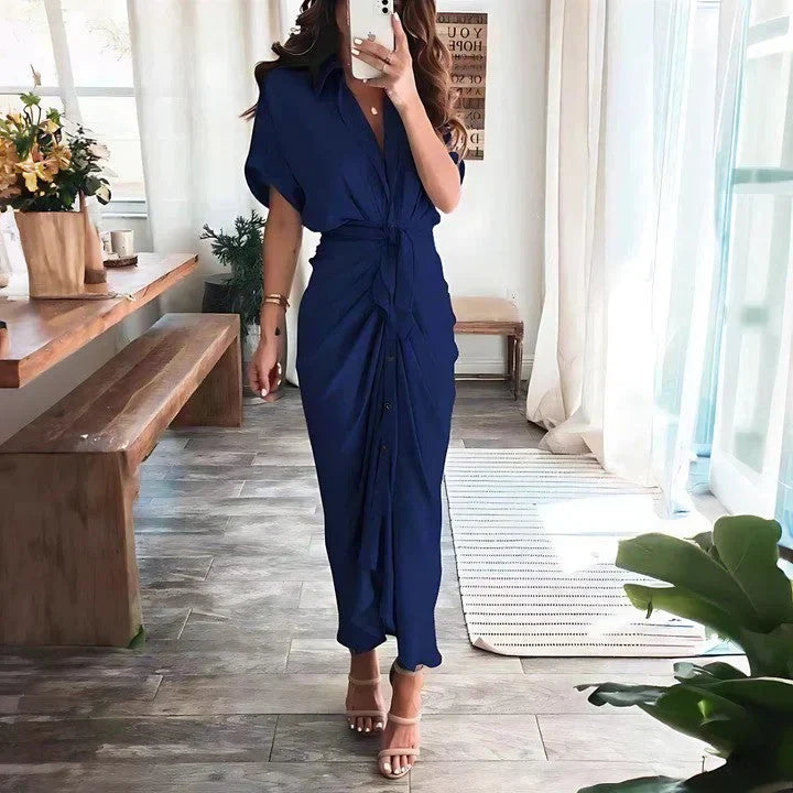 Elegant Midi Dress - Collared V-Neck, Ruched Front, Perfect For Wedding Guest, Cocktail, Formal Events 5