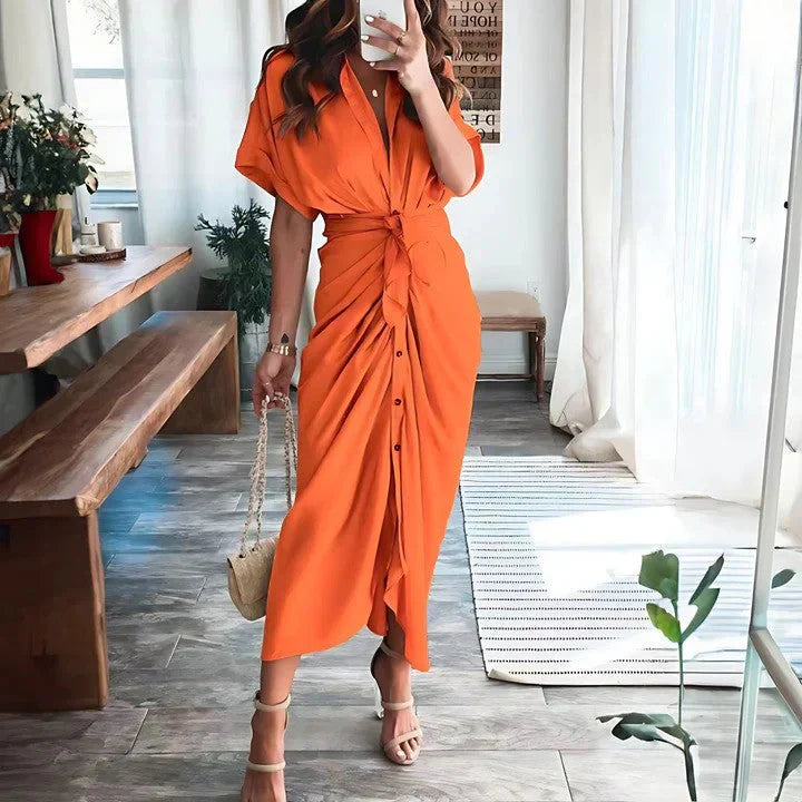 Elegant Midi Dress - Collared V-Neck, Ruched Front, Perfect For Wedding Guest, Cocktail, Formal Events 6