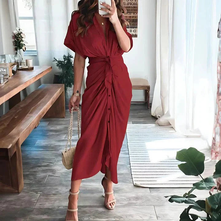 Elegant Midi Dress - Collared V-Neck, Ruched Front, Perfect For Wedding Guest, Cocktail, Formal Events 7