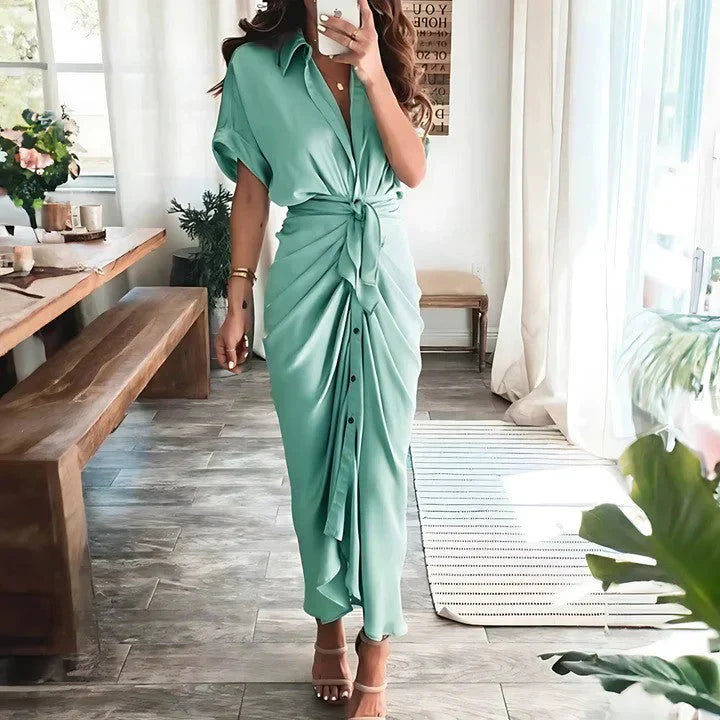 Elegant Midi Dress - Collared V-Neck, Ruched Front, Perfect For Wedding Guest, Cocktail, Formal Events 8