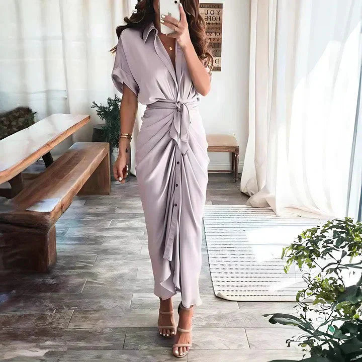 Elegant Midi Dress - Collared V-Neck, Ruched Front, Perfect For Wedding Guest, Cocktail, Formal Events 9