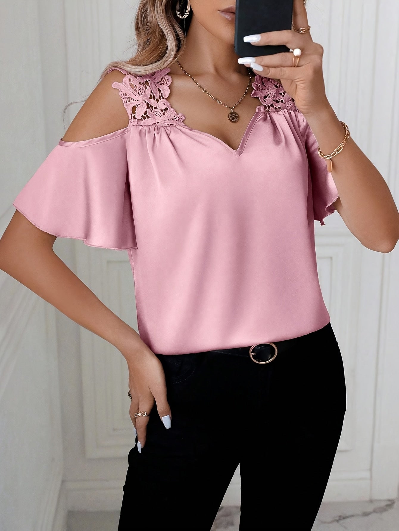 Elegant Off-the-Shoulder Blouse with Lace Details - Lightweight & Versatile 5