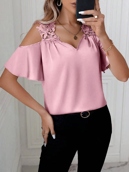 Elegant Off-the-Shoulder Blouse with Lace Details - Lightweight & Versatile 5