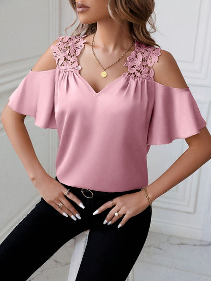 Elegant Off-the-Shoulder Blouse with Lace Details - Lightweight & Versatile 7