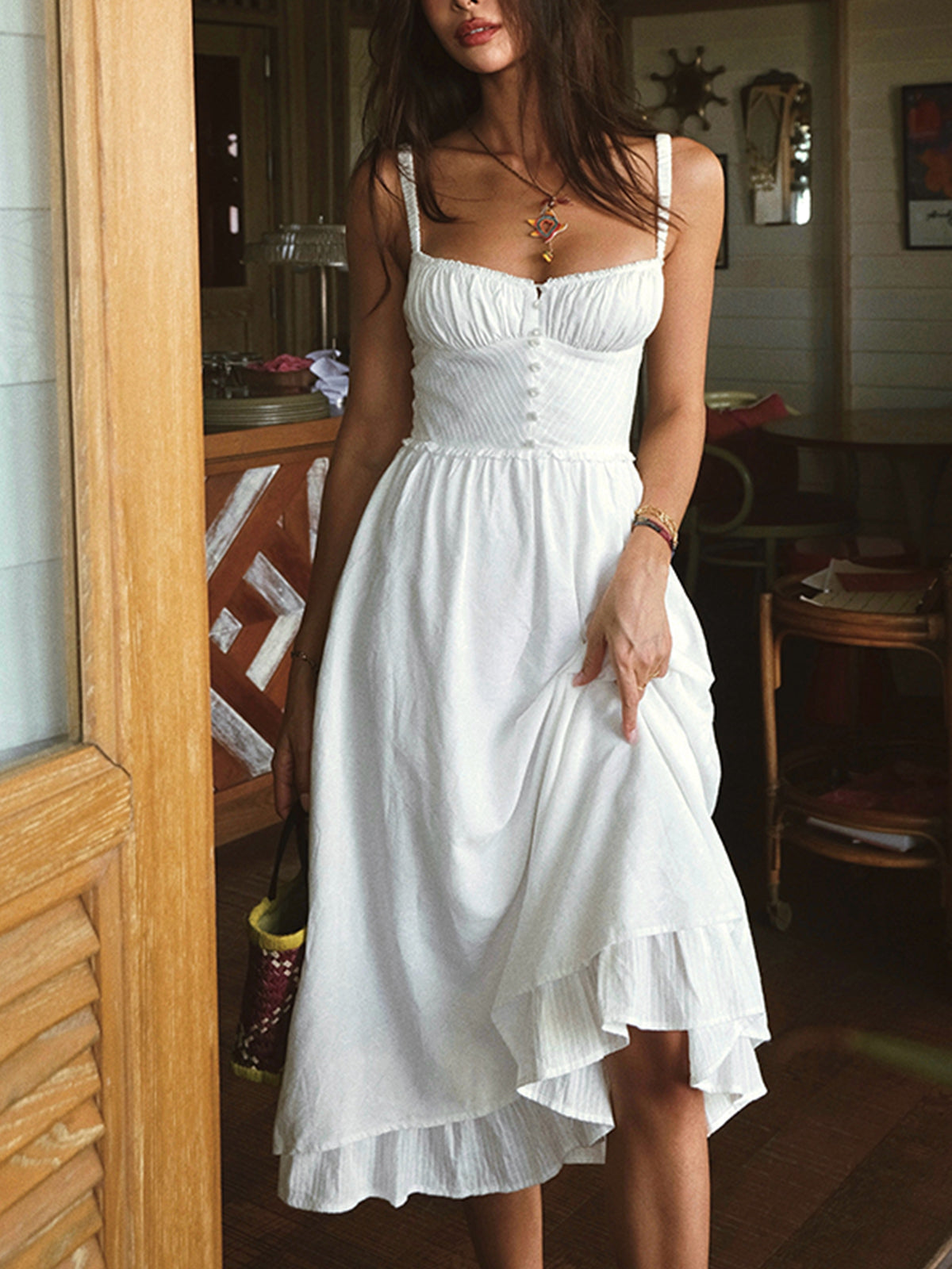 Elegant Ruffle Hem Midi Dress - Cotton Blend Wedding Guest Dress 4