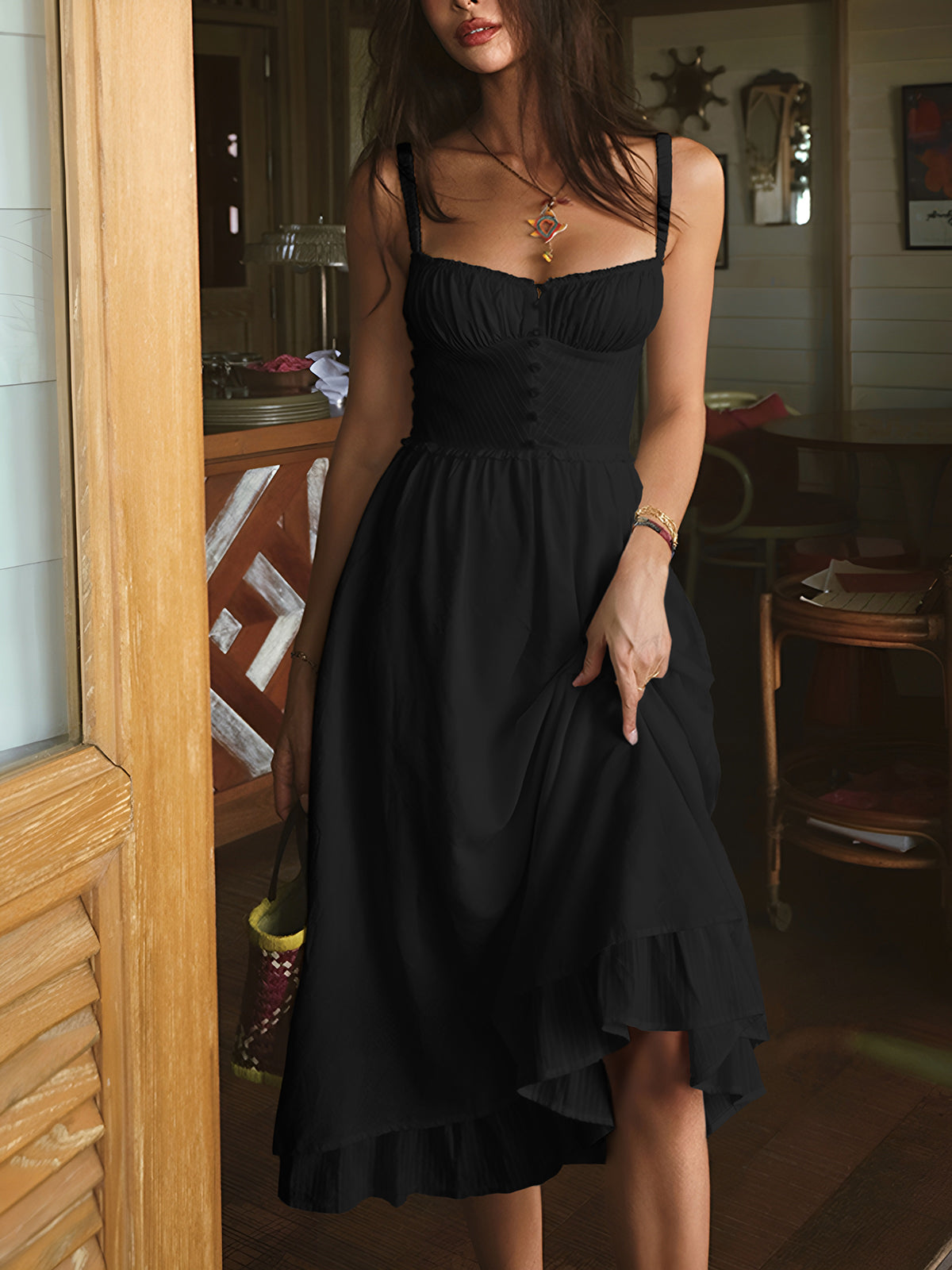 Elegant Ruffle Hem Midi Dress - Cotton Blend Wedding Guest Dress 8