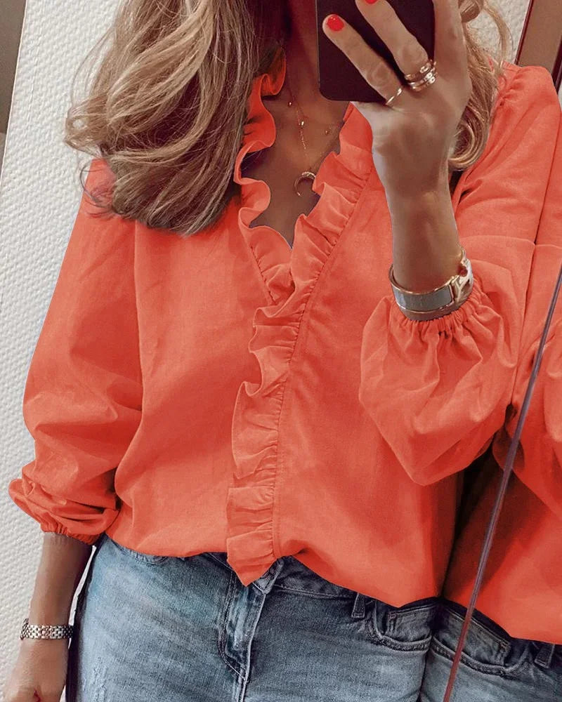 Elegant Ruffle Trim V-Neck Blouse - Long Sleeve Top with Gathered Cuffs 0
