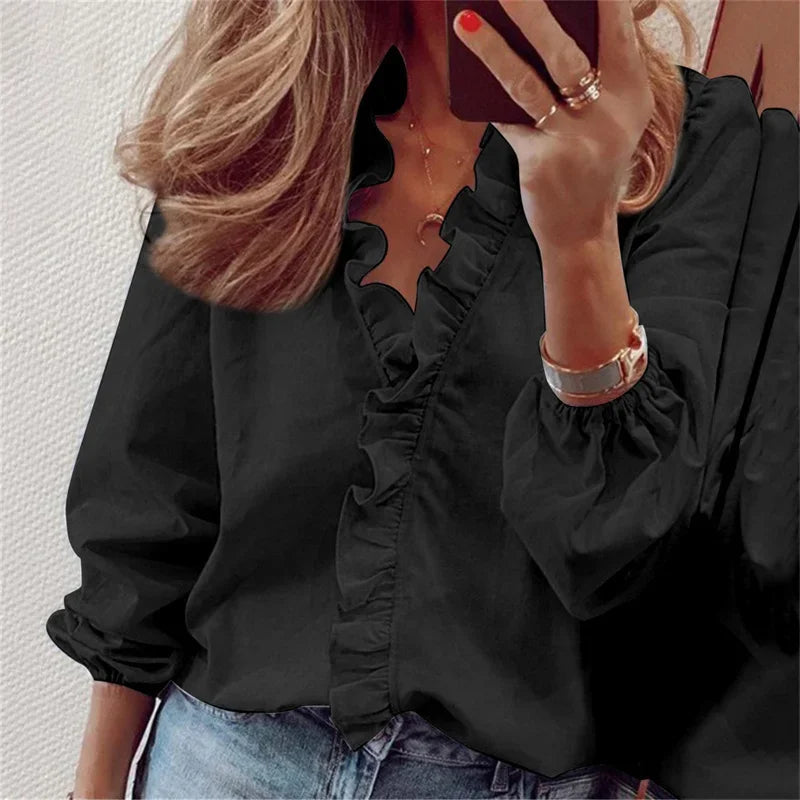 Elegant Ruffle Trim V-Neck Blouse - Long Sleeve Top with Gathered Cuffs 3