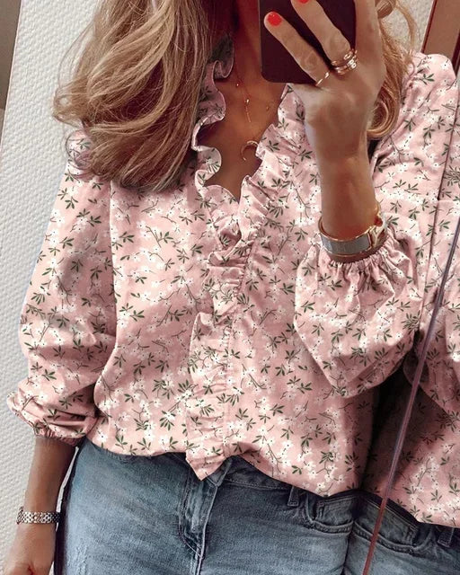Elegant Ruffle Trim V-Neck Blouse - Long Sleeve Top with Gathered Cuffs 4