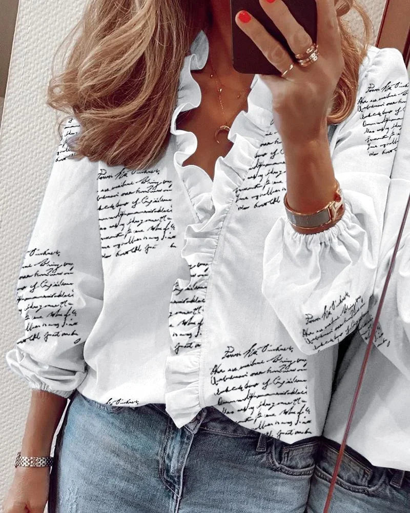 Elegant Ruffle Trim V-Neck Blouse - Long Sleeve Top with Gathered Cuffs 5