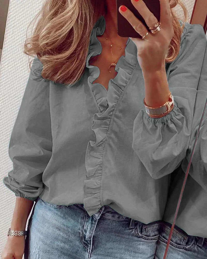 Elegant Ruffle Trim V-Neck Blouse - Long Sleeve Top with Gathered Cuffs 6