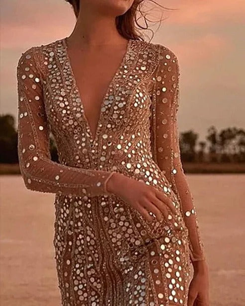 Elegant Sequin Evening Dress - V-Neck Semi Formal Gown with Sheer Sleeves 1