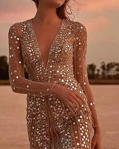 Elegant Sequin Evening Dress - V-Neck Semi Formal Gown with Sheer Sleeves 1