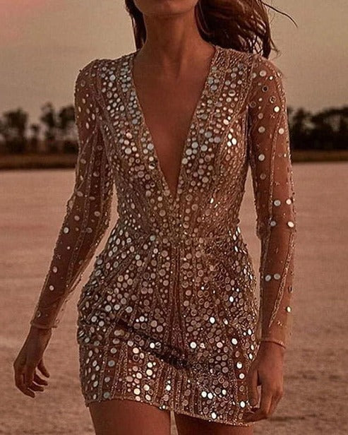 Elegant Sequin Evening Dress - V-Neck Semi Formal Gown with Sheer Sleeves 2