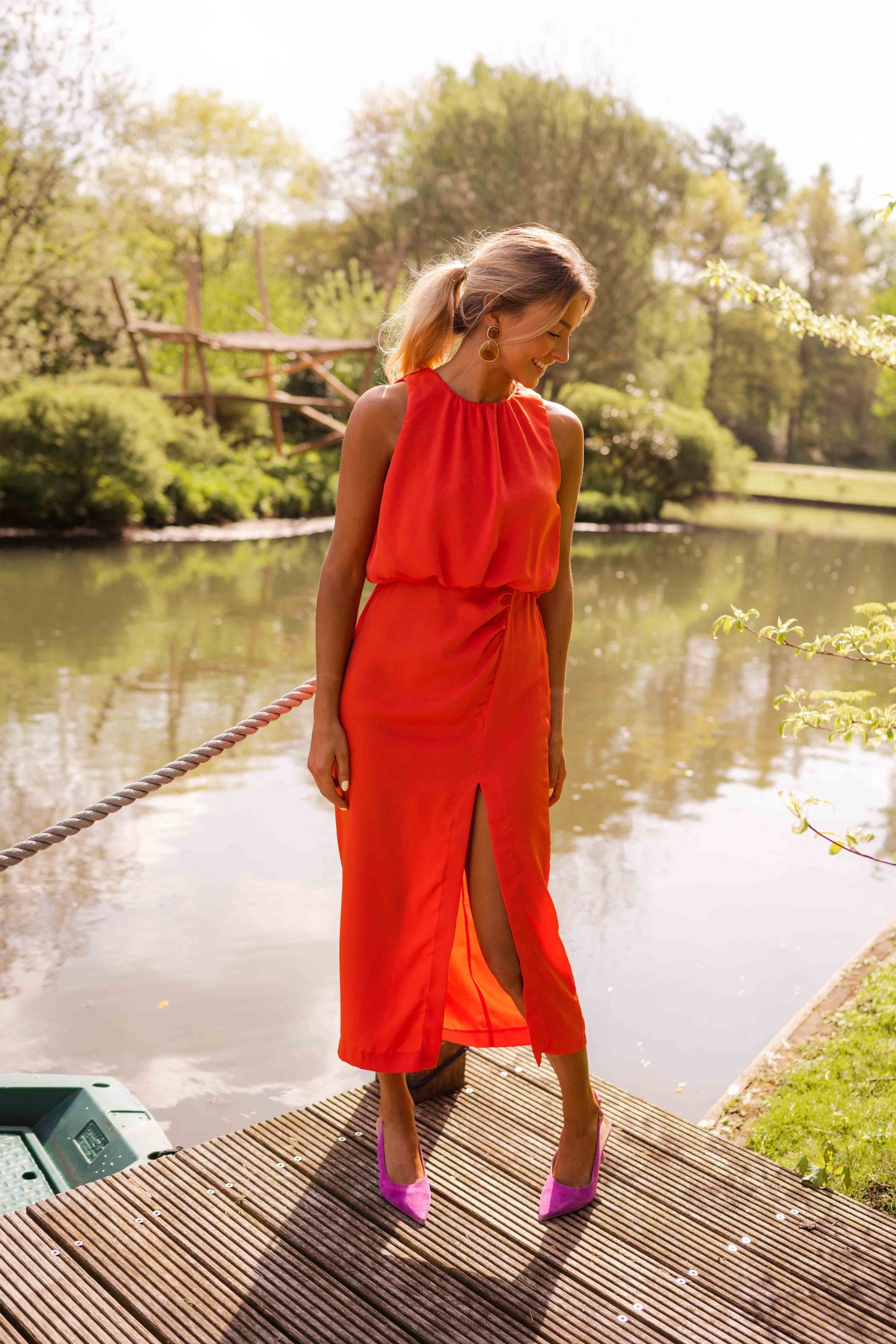 Elegant Sleeveless Midi Dress - Soft Fabric, High Neckline, Side Slit, Perfect for Summer Parties and Cocktail Events 6