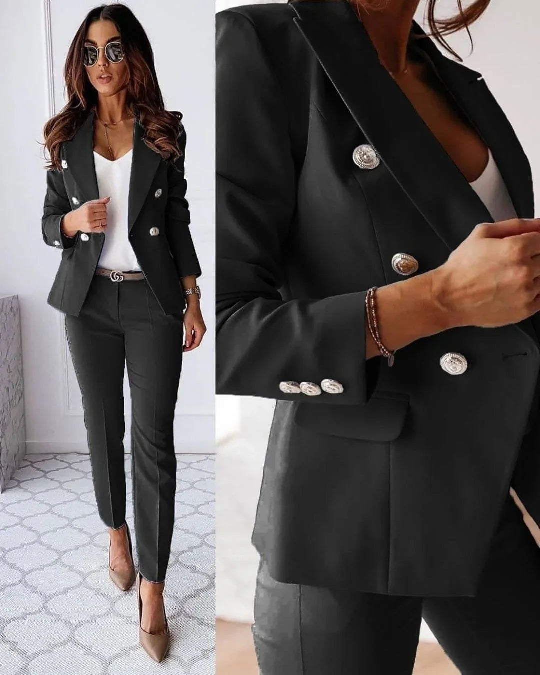 Elegant Tailored Suit Set - Double-Breasted Blazer and Pants for Business Wear 0