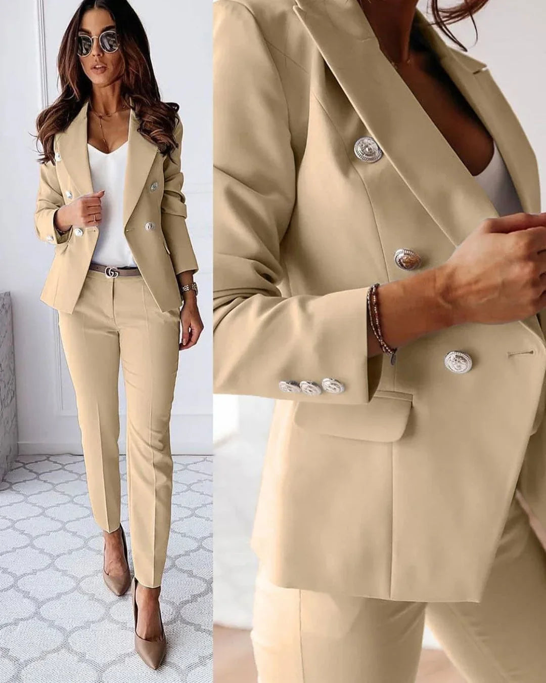 Elegant Tailored Suit Set - Double-Breasted Blazer and Pants for Business Wear 1