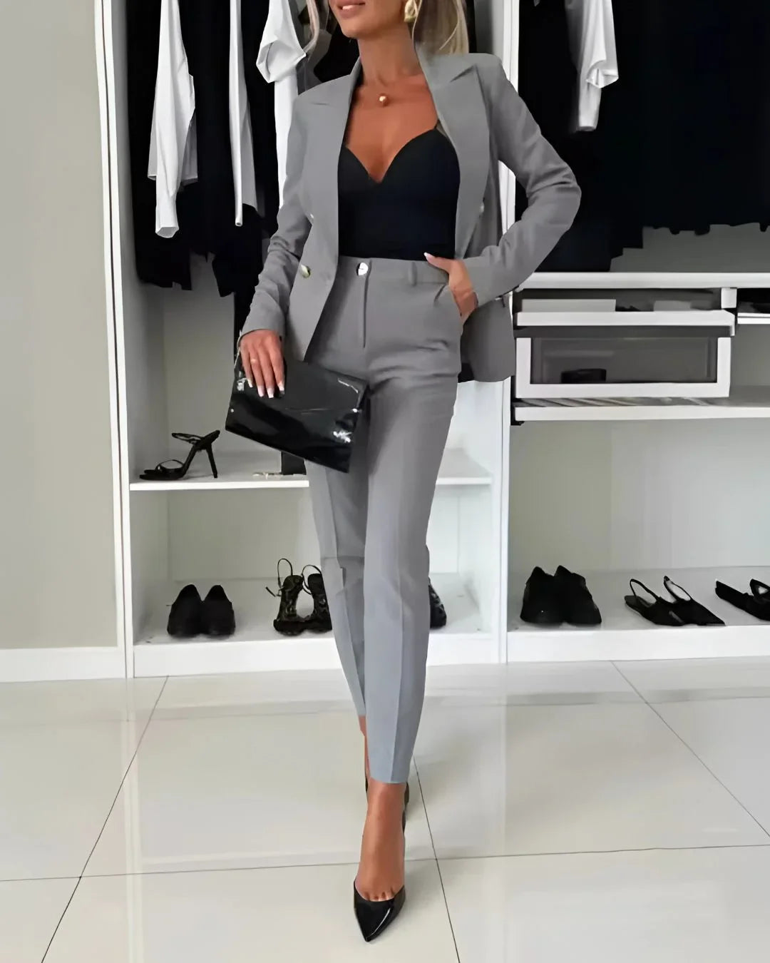 Elegant Tailored Suit Set - Double-Breasted Blazer and Pants for Business Wear 5