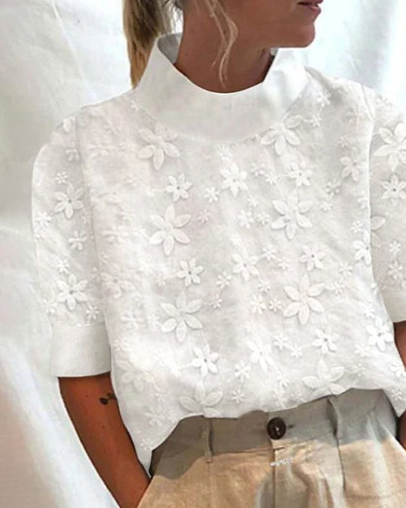 Elegant Top with Embroidered Stand-Up Collar in Cotton Lace Blend 2
