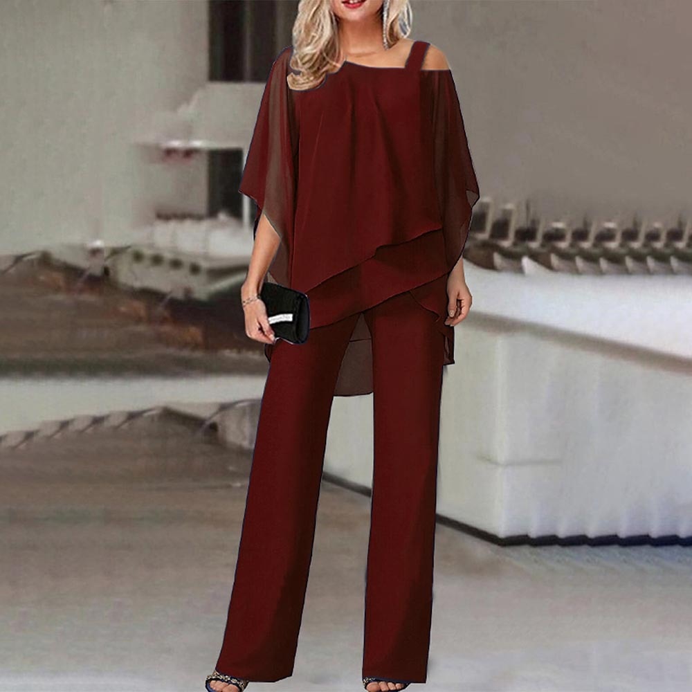 Elegant Two-Piece Jumpsuit Set with Cold Shoulder Design - Soft, Breathable Fabric 0