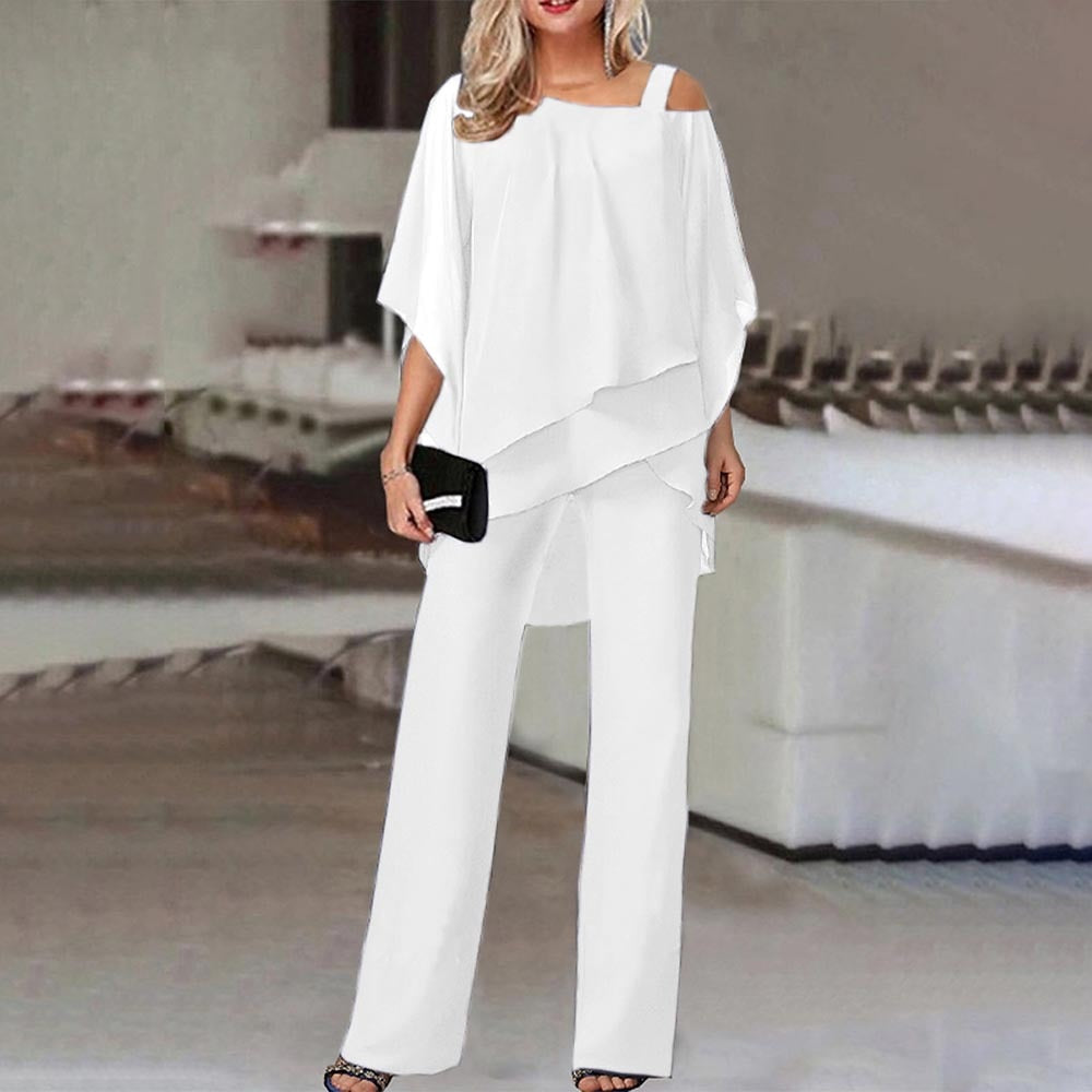 Elegant Two-Piece Jumpsuit Set with Cold Shoulder Design - Soft, Breathable Fabric 1