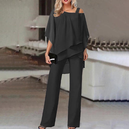 Elegant Two-Piece Jumpsuit Set with Cold Shoulder Design - Soft, Breathable Fabric 2
